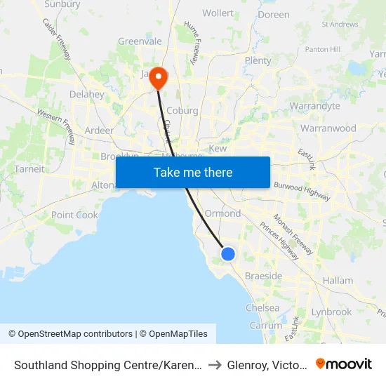 Southland Shopping Centre/Karen St to Glenroy, Victoria map