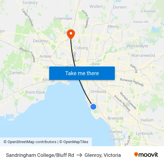 Sandringham College/Bluff Rd to Glenroy, Victoria map