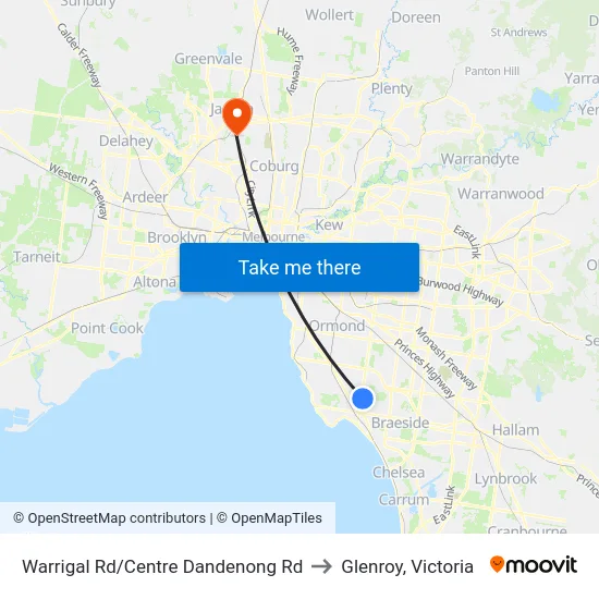 Warrigal Rd/Centre Dandenong Rd to Glenroy, Victoria map