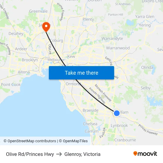 Olive Rd/Princes Hwy to Glenroy, Victoria map
