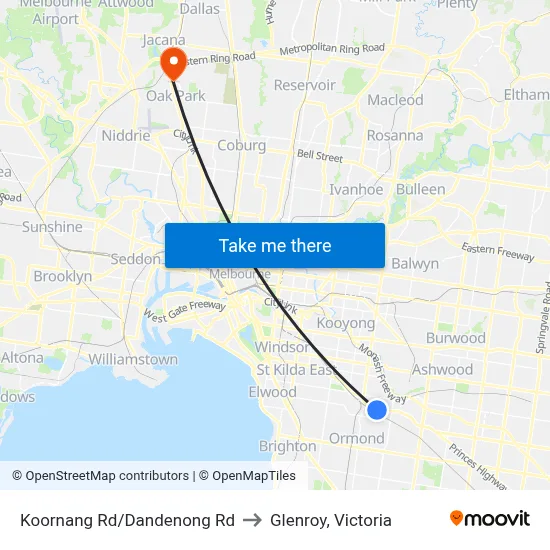 Koornang Rd/Dandenong Rd to Glenroy, Victoria map