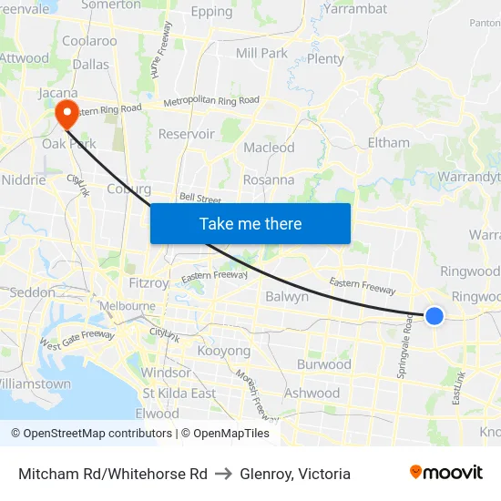 Mitcham Rd/Whitehorse Rd to Glenroy, Victoria map