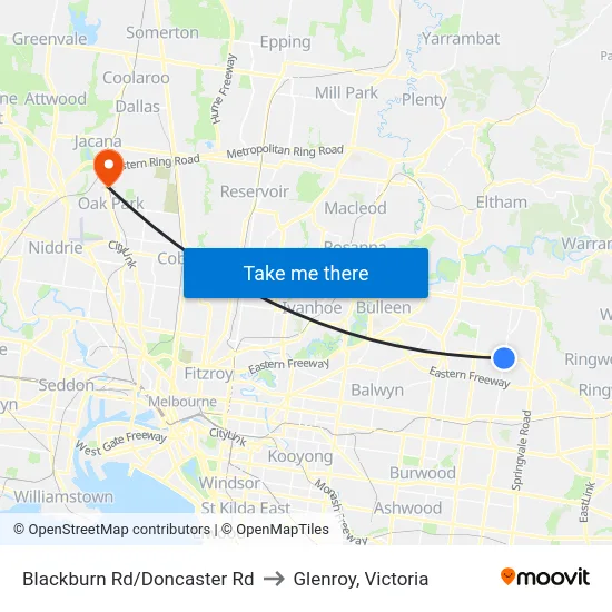 Blackburn Rd/Doncaster Rd to Glenroy, Victoria map