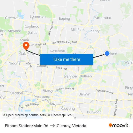 Eltham Station/Main Rd to Glenroy, Victoria map