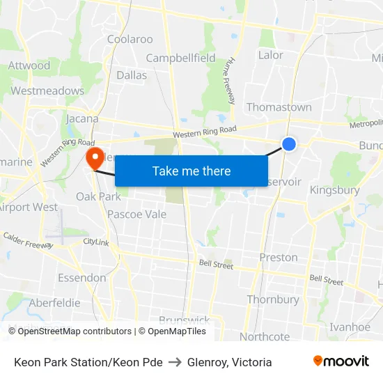 Keon Park Station/Keon Pde to Glenroy, Victoria map