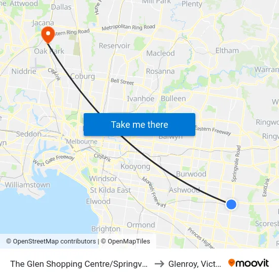 The Glen Shopping Centre/Springvale Rd to Glenroy, Victoria map