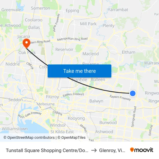 Tunstall Square Shopping Centre/Doncaster Rd to Glenroy, Victoria map