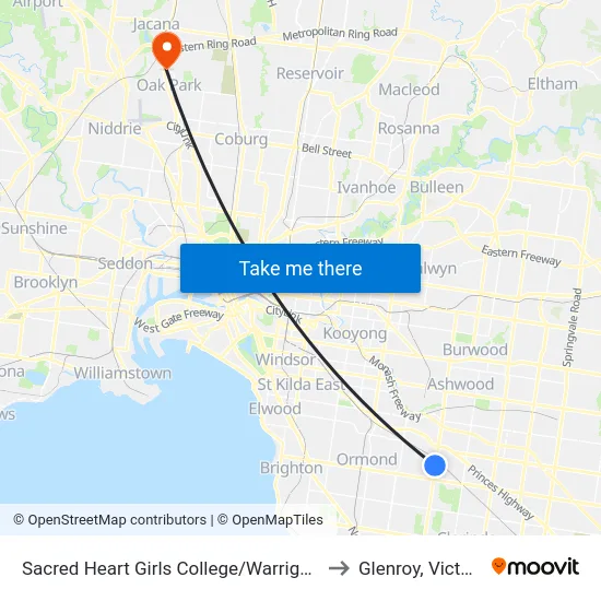 Sacred Heart Girls College/Warrigal Rd to Glenroy, Victoria map