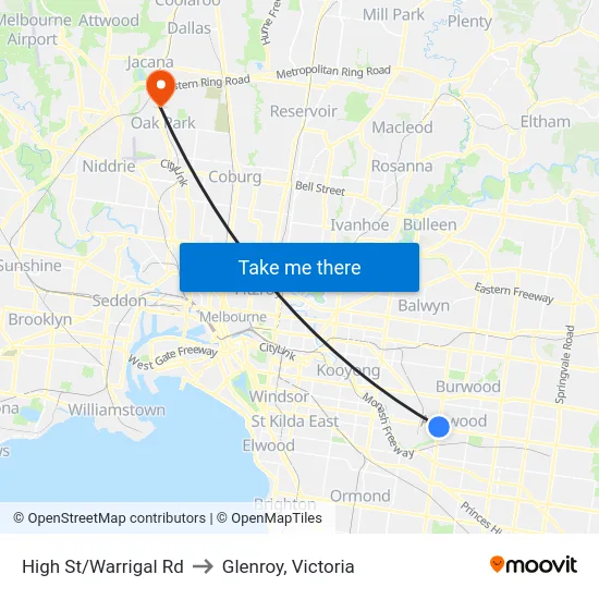 High St/Warrigal Rd to Glenroy, Victoria map