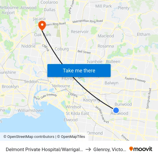Delmont Private Hospital/Warrigal Rd to Glenroy, Victoria map