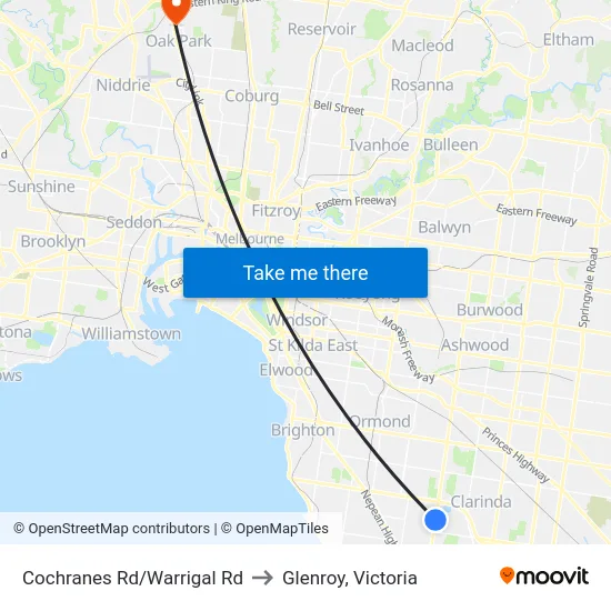 Cochranes Rd/Warrigal Rd to Glenroy, Victoria map