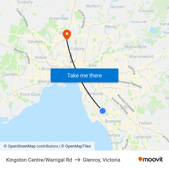 Kingston Centre/Warrigal Rd to Glenroy, Victoria map