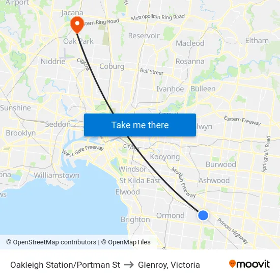 Oakleigh Station/Portman St to Glenroy, Victoria map