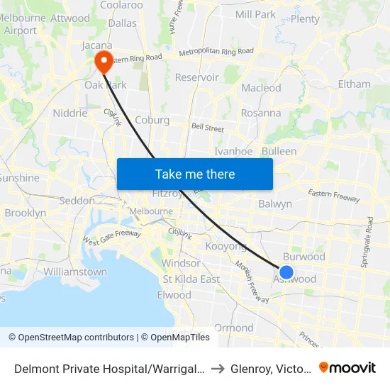 Delmont Private Hospital/Warrigal Rd to Glenroy, Victoria map