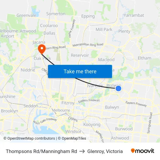 Thompsons Rd/Manningham Rd to Glenroy, Victoria map