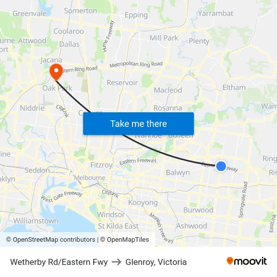 Wetherby Rd/Eastern Fwy to Glenroy, Victoria map