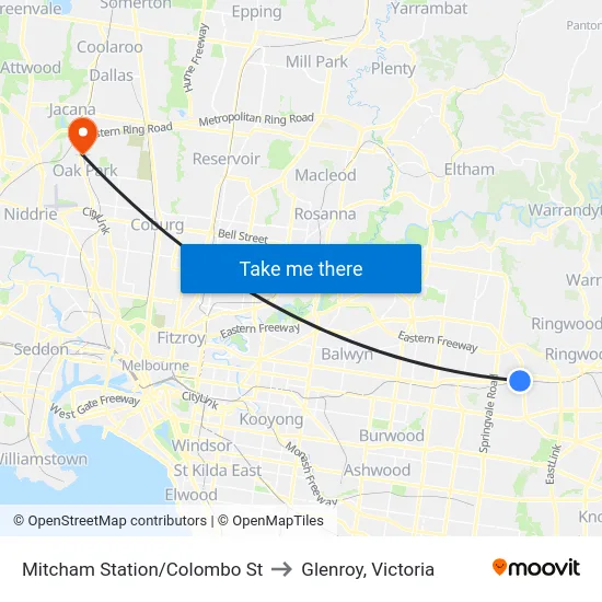Mitcham Station/Colombo St to Glenroy, Victoria map