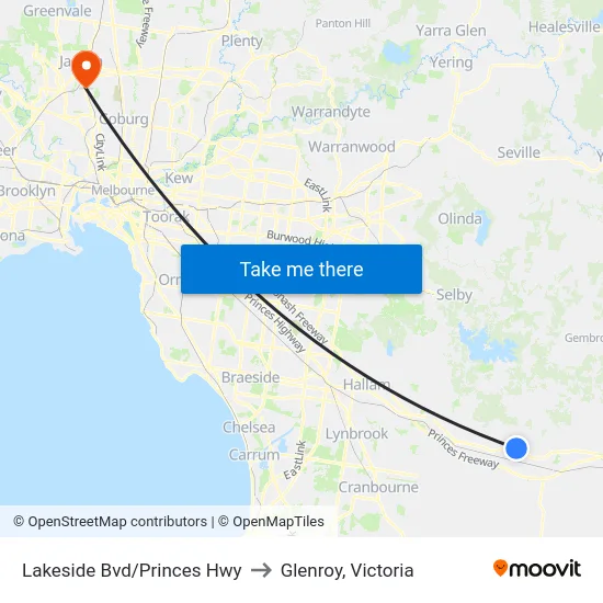 Lakeside Bvd/Princes Hwy to Glenroy, Victoria map