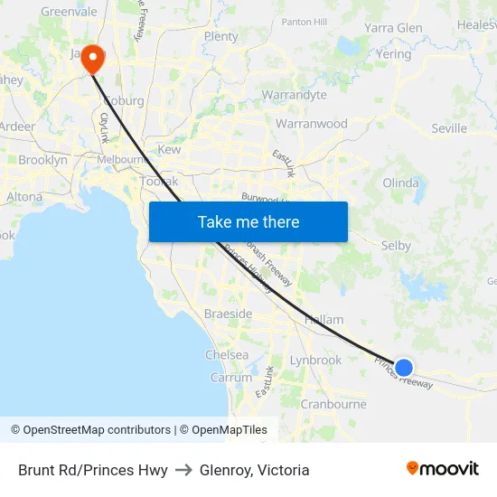 Brunt Rd/Princes Hwy to Glenroy, Victoria map