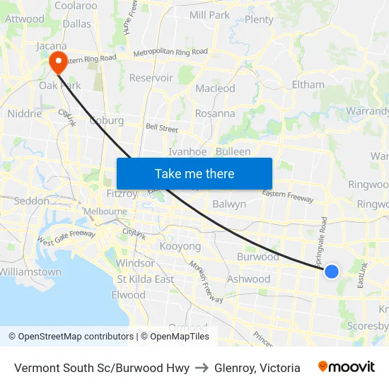 Vermont South Sc/Burwood Hwy to Glenroy, Victoria map