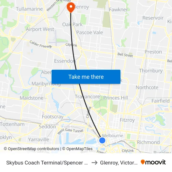 Skybus Coach Terminal/Spencer St to Glenroy, Victoria map