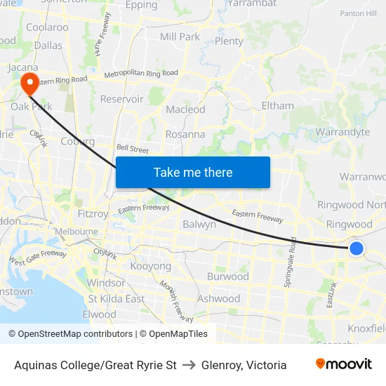 Aquinas College/Great Ryrie St to Glenroy, Victoria map