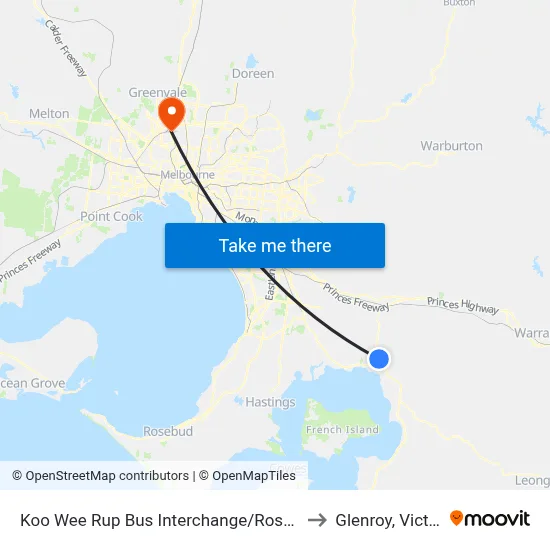 Koo Wee Rup Bus Interchange/Rossiter Rd to Glenroy, Victoria map