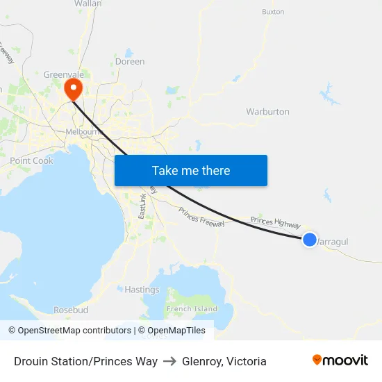 Drouin Station/Princes Way to Glenroy, Victoria map
