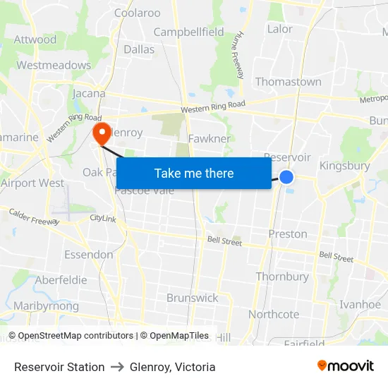 Reservoir Station to Glenroy, Victoria map