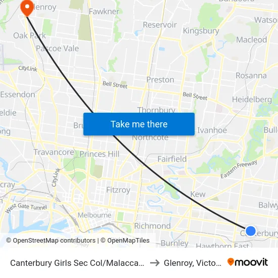Canterbury Girls Sec Col/Malacca Rd to Glenroy, Victoria map