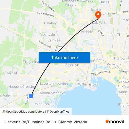 Hacketts Rd/Dunnings Rd to Glenroy, Victoria map