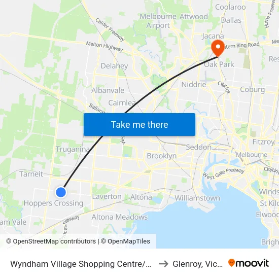 Wyndham Village Shopping Centre/Sayers Rd to Glenroy, Victoria map