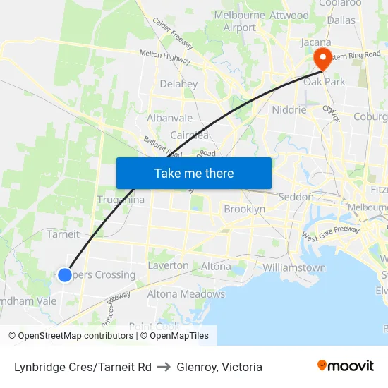 Lynbridge Cres/Tarneit Rd to Glenroy, Victoria map