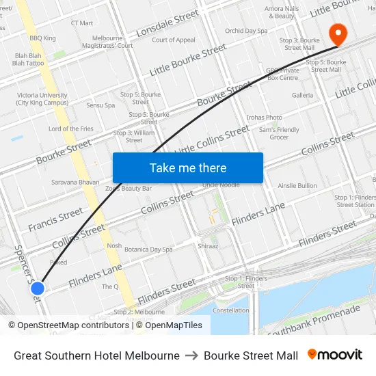 Great Southern Hotel Melbourne to Bourke Street Mall map