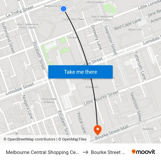 Melbourne Central Shopping Centre to Bourke Street Mall map