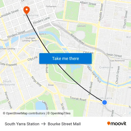 South Yarra Station to Bourke Street Mall map