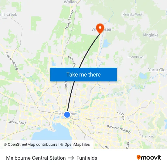 Melbourne Central Station to Funfields map