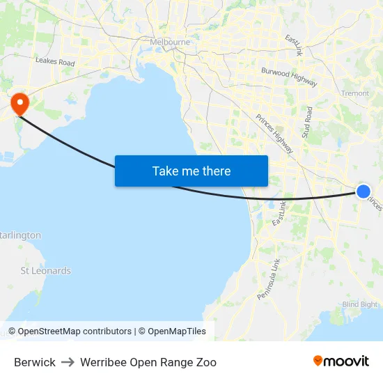Berwick to Werribee Open Range Zoo map