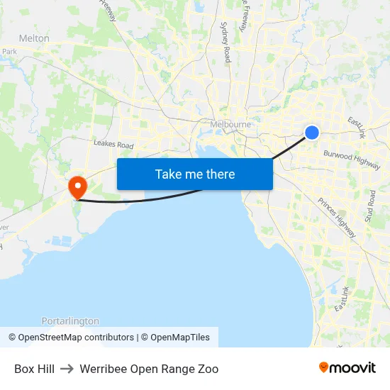 Box Hill to Werribee Open Range Zoo map