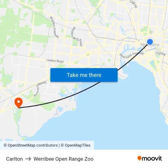Carlton to Werribee Open Range Zoo map