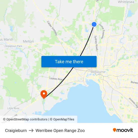 Craigieburn to Werribee Open Range Zoo map