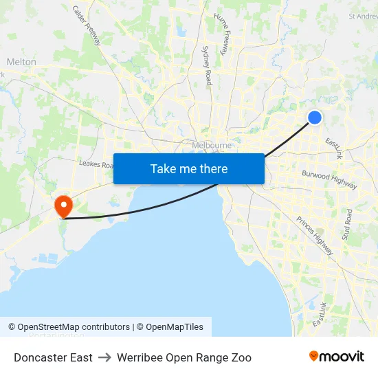 Doncaster East to Werribee Open Range Zoo map