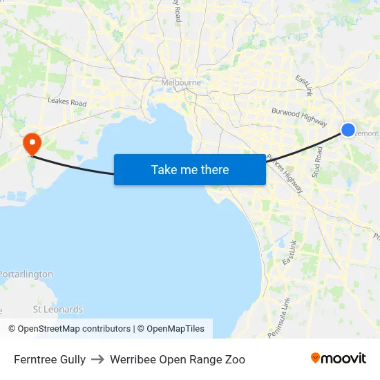 Ferntree Gully to Werribee Open Range Zoo map
