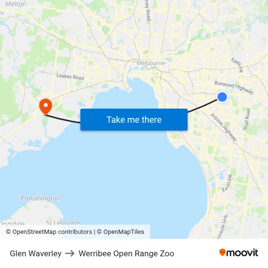 Glen Waverley to Werribee Open Range Zoo map