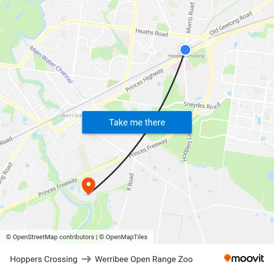 Hoppers Crossing to Werribee Open Range Zoo map