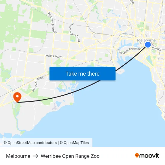 Melbourne to Werribee Open Range Zoo map