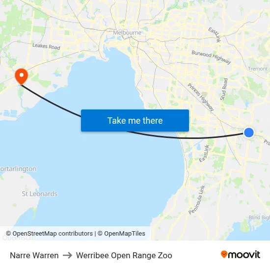 Narre Warren to Werribee Open Range Zoo map