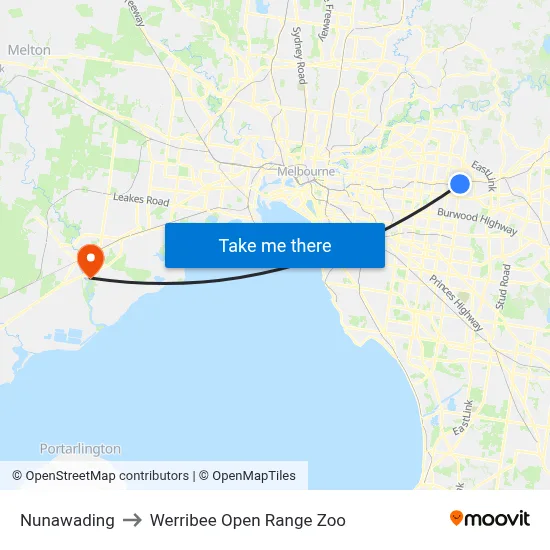 Nunawading to Werribee Open Range Zoo map