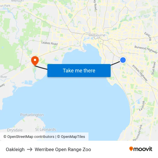 Oakleigh to Werribee Open Range Zoo map