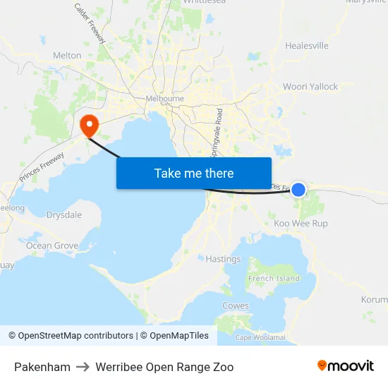 Pakenham to Werribee Open Range Zoo map